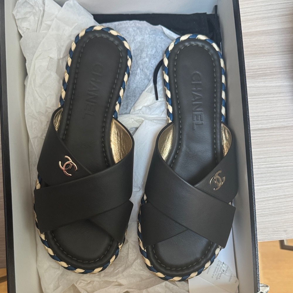 Chanel Black and Gold Slide Sandals